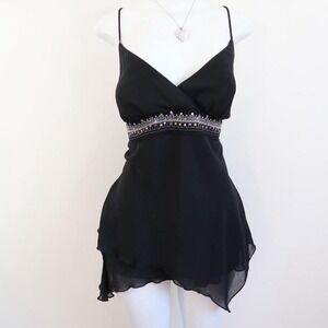 y2k black chiffon beaded babydoll cami sheer asymmetrical top